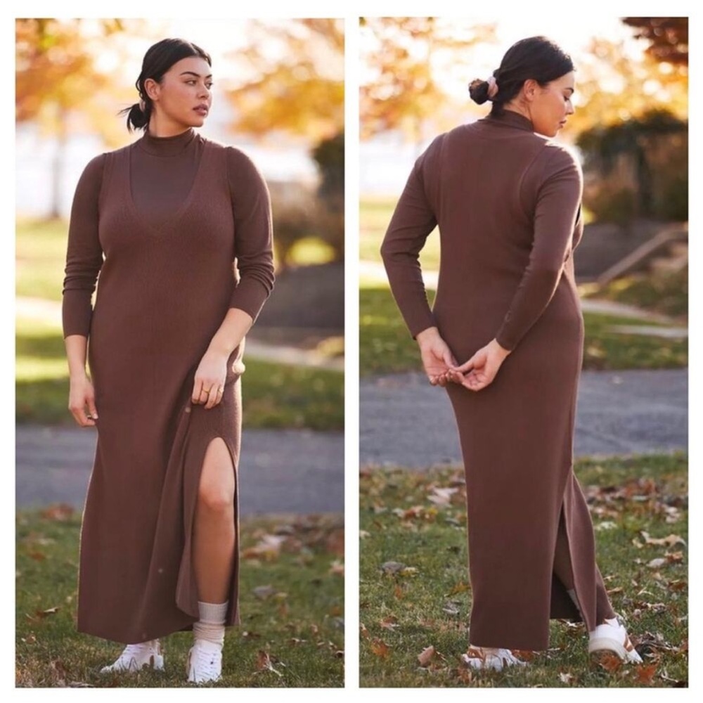 ANTHROPOLOGIE Daily Practice V-Neck Ribbed Sweater Knit Maxi Dress Brown Size L